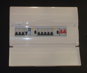 A typical modern consumer unit for an electric shower
