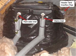 Header tank in loft for rainwater distribution